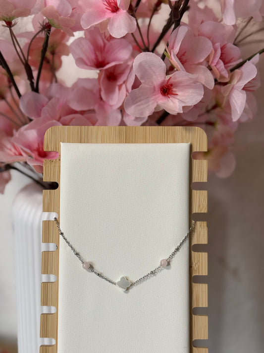 Collier Quartz rose et Nacre AC Inoxydable argenté
