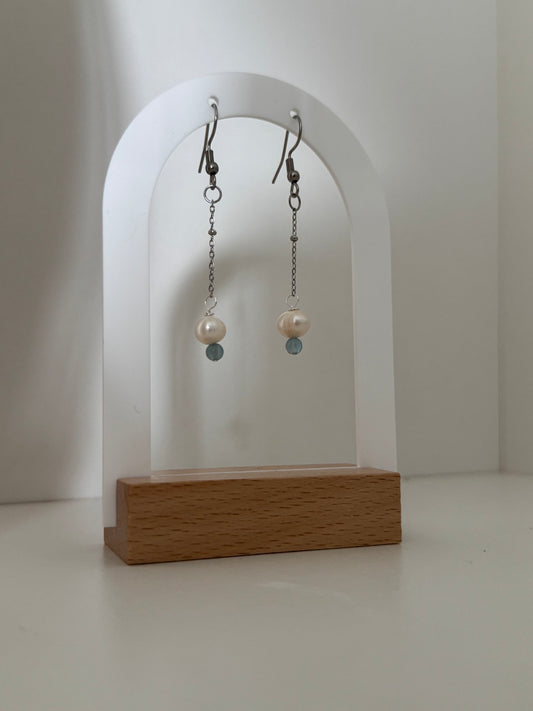Boucles d’oreilles Aigue-Marine et Nacre AC inoxydable argenté